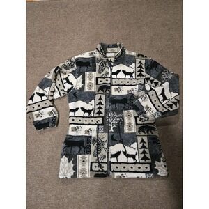 Black Mountain Fleece Jacket Womens Medium Gray Wolf Bear Moose‎ Zip Vintage Y2K